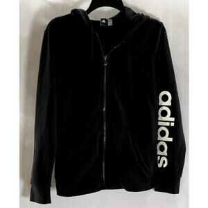 ADIDAS Women's Black/White Essential Linear Hooded Zip-Up Sweater SZ M